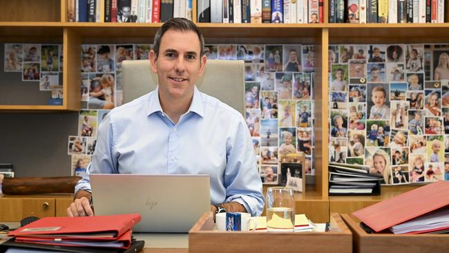 Treasurer Jim Chalmers prepares for his first budget on Tuesday in his office at Parliament House. Picture: AAP