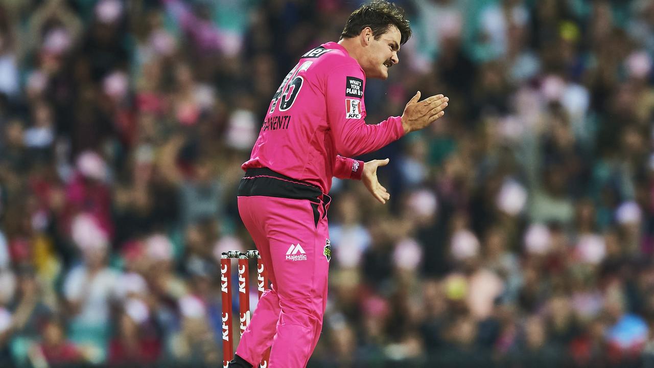 Sixers player Ben Manenti celebrates after taking the wicket of Chris Lynn during the Big Bash League match against Brisbane Heat.