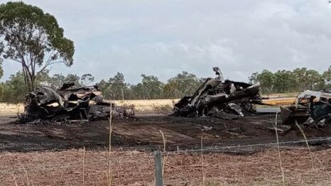 The charges remains of two fuel tanker trailers – that had been carrying 50,000 litres of diesel – on the Peak Downs Hwy after they were engulfed by fire at Nebo. Picture: Kaiz-Anne Bryan