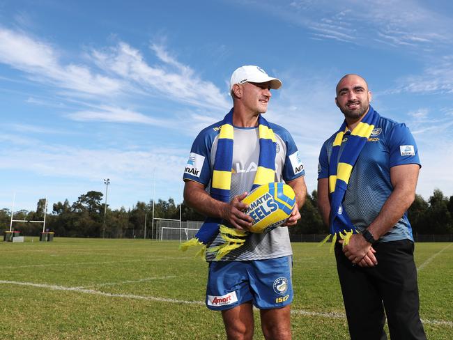 Parramatta Eels coach Brad Arthur with captain Tim Mannah at the future home of the club’s high-performance centre at Kellyville Park. Picture: Brett Costello