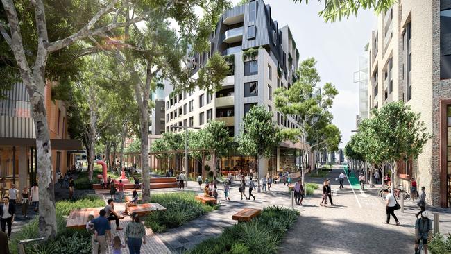 An artist impression of the public space at the Fitzroy Gasworks site redevelopment. Picture: Development Victoria