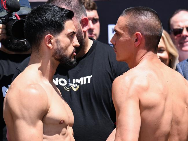 Brian Mendoza (L) and Tim Tszyu (R) square up after weighing in. Picture: Zain Mohammed/No Limit Boxing