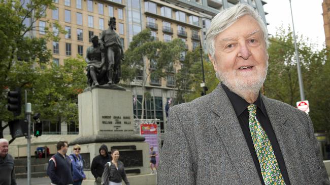 Australian Sculpture curator Ken Scarlett at the Burke & Wills statue. Picture: Josie Hayden