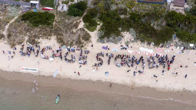 Protesters take to the water at Cremorne in a paddle-out opposing salmon farm expansion in Storm Bay. Picture: Supplied