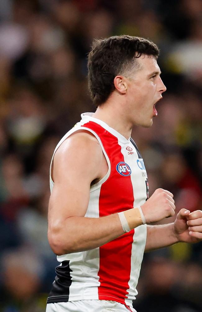 Rowan Marshall celebrates one of three goals on Sunday. Picture: Dylan Burns/AFL Photos via Getty Images.