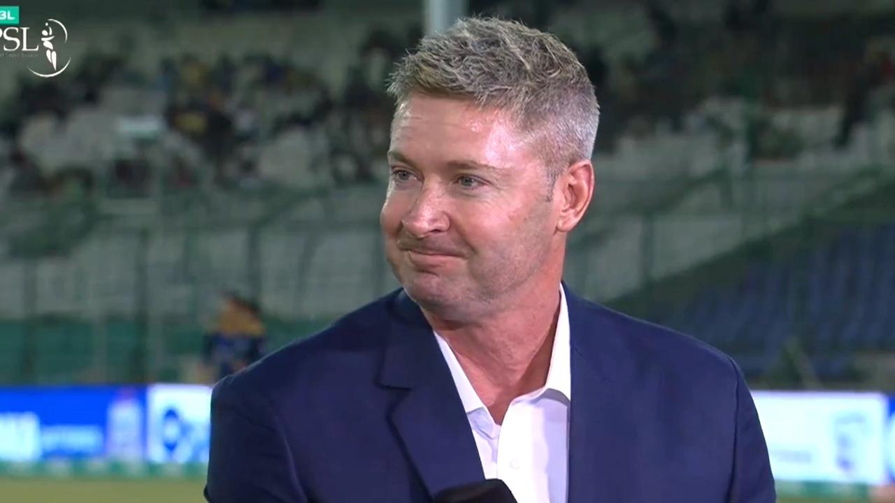 Michael Clarke at the desk for the first time during the Pakistan Super League. Photo: Twitter, @thePSLt20.