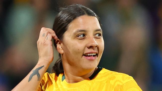 PERTH, AUSTRALIA - OCTOBER 26: Sam Kerr of the Matildas smiles during a break in play during the AFC Women's Asian Olympic Qualifier match between Australia Matildas and IR Iran at HBF Park on October 26, 2023 in Perth, Australia. (Photo by James Worsfold/Getty Images)