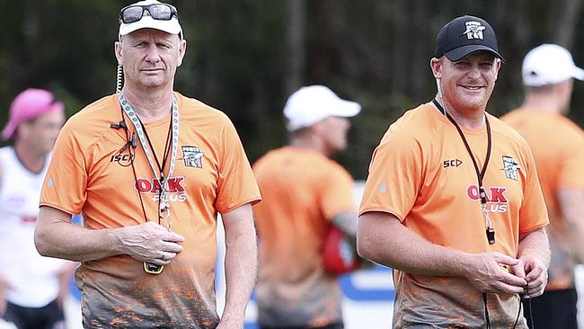 Michael Voss (right), pictured alongside Port Adelaide coach Ken Hinkley at training, has interviewed for the Carlton coaching job. Picture: SARAH REED.