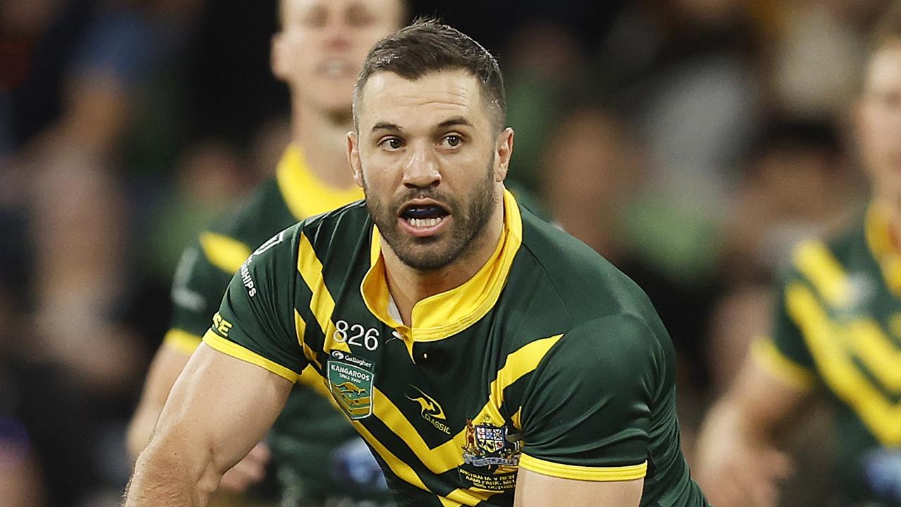 MELBOURNE, AUSTRALIA - OCTOBER 28: James Tedesco of Australia passes the ball during the Men's pacific Championship match between Australia Kangaroos and New Zealand Kiwis at AAMI Park on October 28, 2023 in Melbourne, Australia. (Photo by Daniel Pockett/Getty Images)