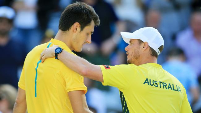 Tomic no longer has Aussie Davis Cup captain Lleyton Hewitt to lean on. Picture: Mark Evans