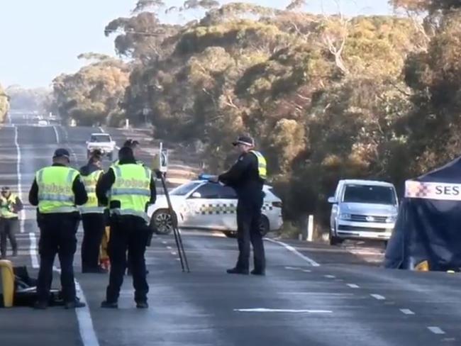 Two people have died and nine others have been injured after a mini-bus carrying seasonal farm workers crashed in Victoria's north-west. Police believe the mini-bus ﻿was travelling south along the Calder Highway in Carwarp when it rolled onto its side and crashed into a tree around 7.45 am. Picture: Nine