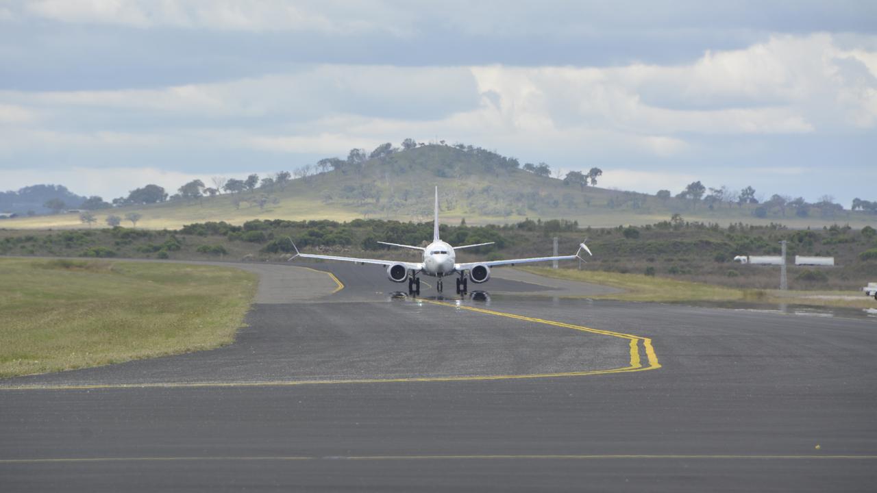 The first Bonza flight from Melbourne lands at Toowoomba Wellcamp Airport on April 17, 2023.