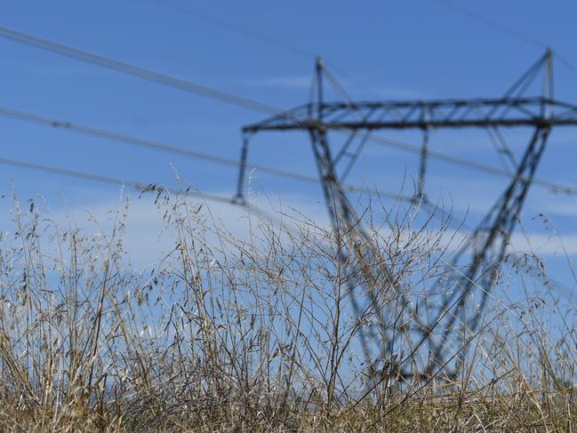 Dry grass is seen near an electricity tower outside Canberra, Friday, Feb. 10, 2017. (AAP Image/Lukas Coch) NO ARCHIVING