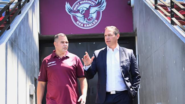 SYDNEY, AUSTRALIA -  NOVEMBER 29, 2022: Newly appointed Manly Sea Eagle Coach Anthony Seibold and CEO Tony Mestrov. at Brookvale Oval.Picture: Jeremy Piper