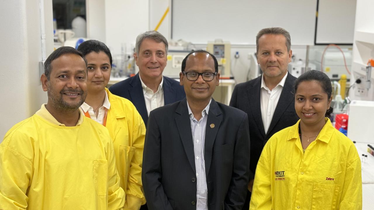 (Left to right) Biotech's Dr Satya Sarker, Dr Gayatri Bagree and chairman Mark Muzzin, RMIT'S Ian Potter NanoBioSensing director Professor Vipul Bansal, NEXSEN chief executive Thomas Hanly and phd student Erangi Amarasinghe at RMIT. Picture: Will Wright, RMIT