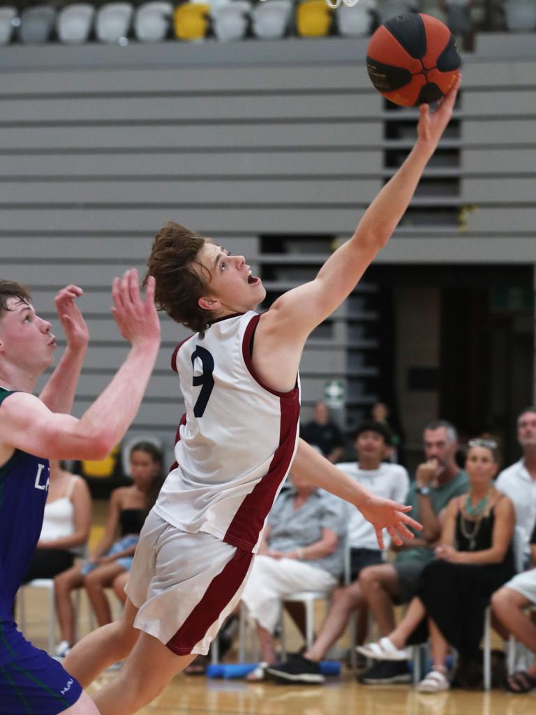 Basketball Australia Schools Championships at Carrara. Mens open final, Lake Ginninderra College Lakers V TSS (in white). Indy Cotton on fire for TSS in the final. Picture Glenn Hampson