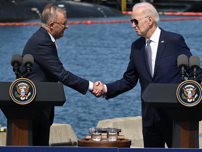 SAN DIEGO, CA - MARCH 13: U.S. President Joe Biden and Prime Minister Anthony Albanese of Australia shake hands on Australia ÃÂ¢ United Kingdom ÃÂ¢ United States (AUKUS) Partnership as Prime Minister Rishi Sunak of the United Kingdom participates at Naval Base Point Loma in San Diego, California, United States on March, 13, 2023. (Photo by Tayfun Coskun/Anadolu Agency via Getty Images)