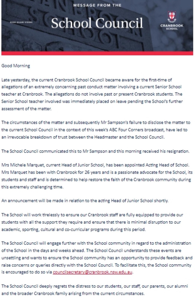 A message from Cranbrook’s School Council signed by Geoff Lovell.