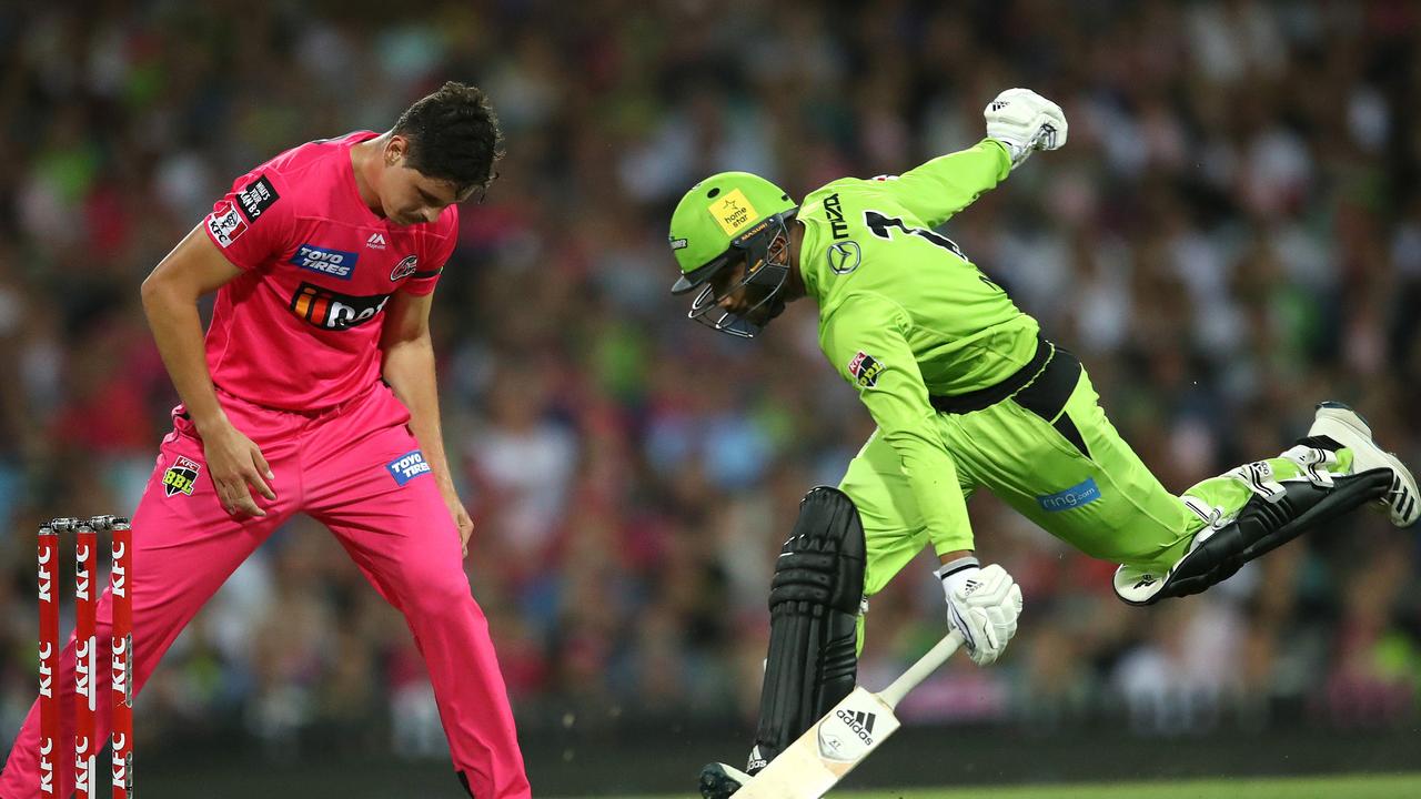 Thunder's Arjun Nair come back for two during the BBL match between the Sydney Sixers and Sydney Thunder.