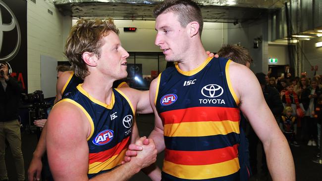 Crows vice-captain Rory Sloane after his successful return from injury with Josh Jenkins. Picture: Daniel Kalisz/Getty Images