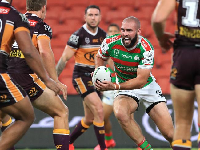 Mark Nicholls In action during the Round 2 NRL game between the Brisbane Broncos and the South Sydney Rabbitohs at Suncorp Stadium, Brisbane. Pics Adam Head