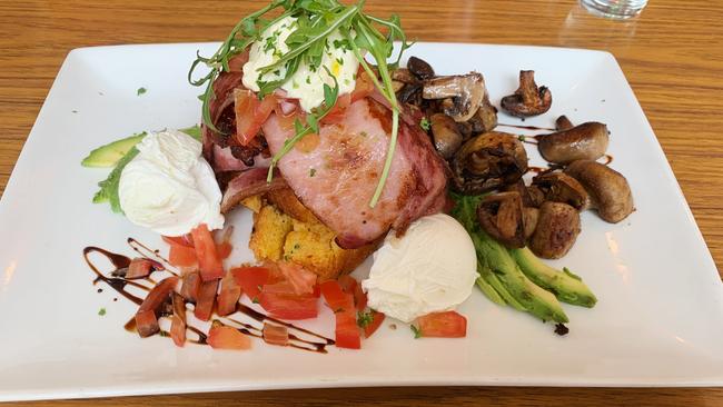 Housemade cornbread with bacon, eggs and sides at Golden Fleece, Willunga.