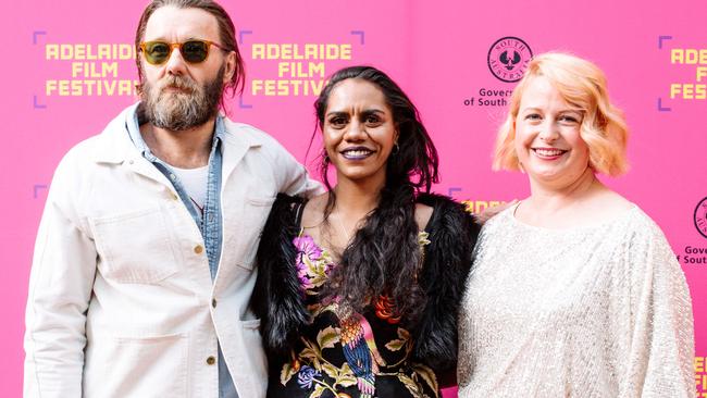 Joel Edgerton, Natasha Wanganeen and SA Film Corp CEO Kate Croser at the Adelaide Film Festival opening night in Adelaide this month. Picture: Morgan Sette