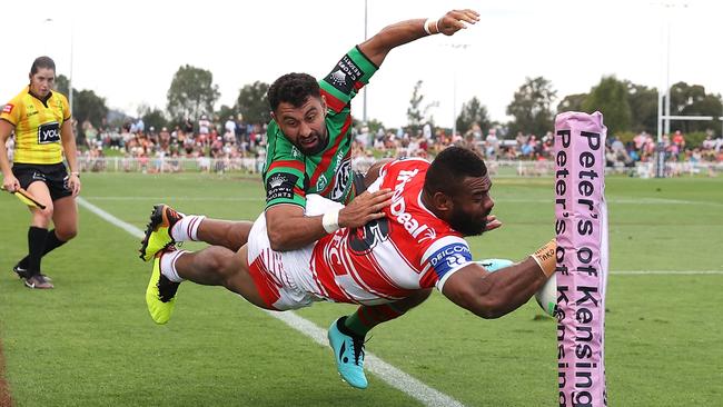 Alex Johnston and Mikaele Ravalawa in Mudgee for this year’s Charity Shield. Picture: Mark Kolbe/Getty Images