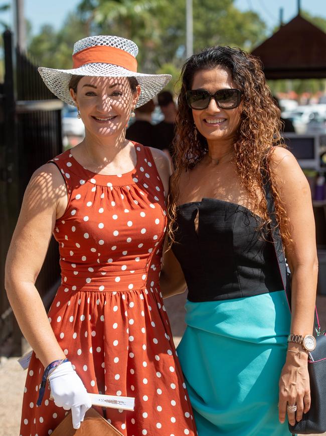 All the glitz and glamour from the 2020 Great Northern Darwin Cup Carnival. Lauren Warthold and Saundy Nair at the entrance gates. Picture: Che Chorley