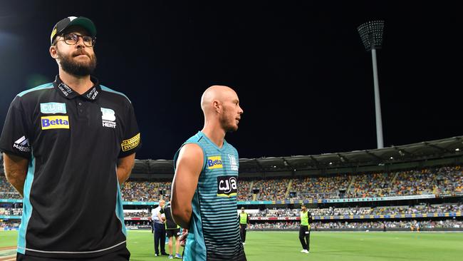 Brisbane heat coach Daniel Vettori (left) and captain Chris Lynn (right) at the Gabba on Thursday night. Picture: AAP 