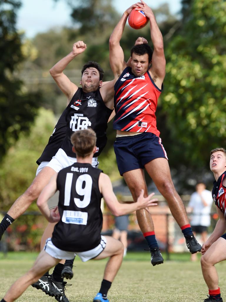 Eastern: Jay O’&#149;Connell pulls down a strong overhead mark for Waverley Blues. Picture: Steve Tanner