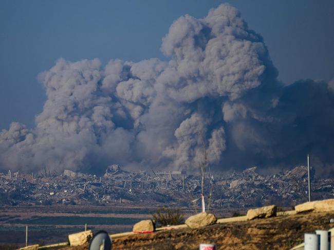 Shows smoke rising from buildings in Gaza after being hit by Israeli strikes. Picture: AFP