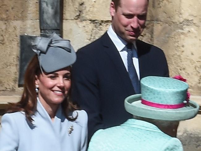 WINDSOR, ENGLAND - APRIL 21:  (L-R) Prince Harry, Duke of Sussex, Zara Tindall, Mike Tindall, Catherine, Duchess of Cambridge and Prince William, Duke of Cambridge greet Queen Elizabeth II as she arrives for the Easter Sunday service at St George's Chapel on April 21, 2019 in Windsor, England. (Photo by Eamonn M. McCormack/Getty Images)