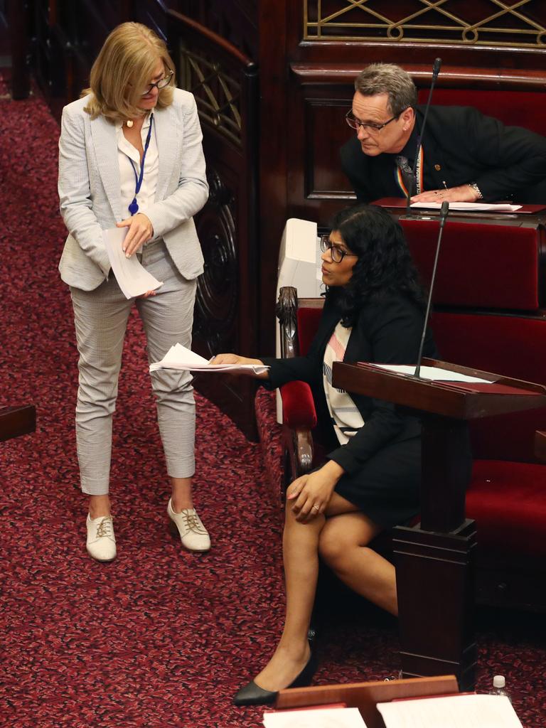 Fiona Patten, Samantha Ratnam and Andy Meddick in the Legislative Council. Picture: David Crosling