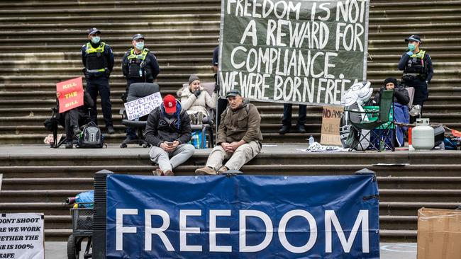 More protesters are due to gather outside state parliament for a ‘worldwide rally for freedom’. Picture: Jake Nowakowski