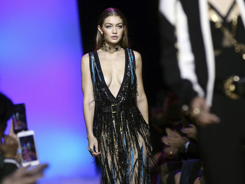 Gigi Hadid walks the runway during the Elie Saab show as part of the Paris Fashion Week Womenswear Spring/Summer 2017 on October 1, 2016 in Paris, France. Picture: AP