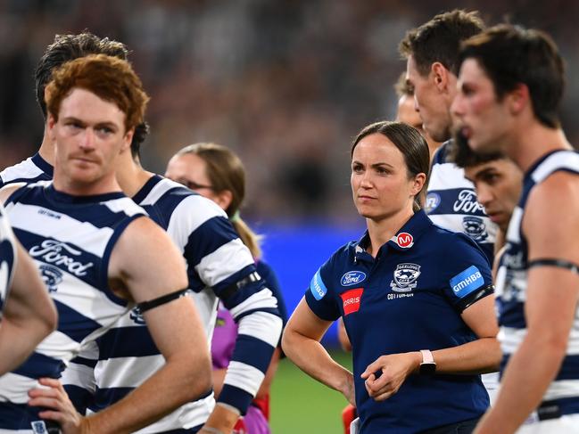 Daisy Pearce (centre) has joined Geelong’s coaching staff this year. Picture: Quinn Rooney/Getty Images