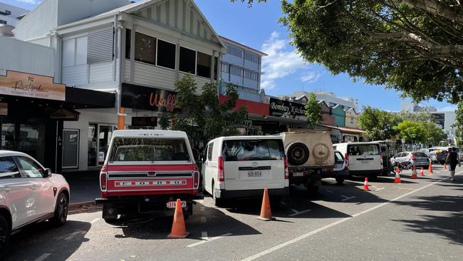 Sections of parking spaces are being closed off to the public on Shields St, Sheridan St and Grafton St in preparation for tonight's filming of the movie 'Wizards'. Picture: Isaac McCarthy