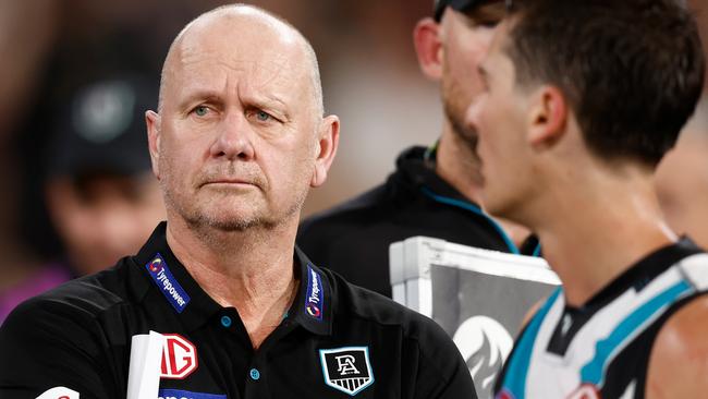 MELBOURNE, AUSTRALIA - MARCH 15: Ken Hinkley, Senior Coach of the Power looks on during the 2025 AFL Round 01 match between the Collingwood Magpies and the Port Adelaide Power at the Melbourne Cricket Ground on March 15, 2025 in Melbourne, Australia. (Photo by Michael Willson/AFL Photos via Getty Images)