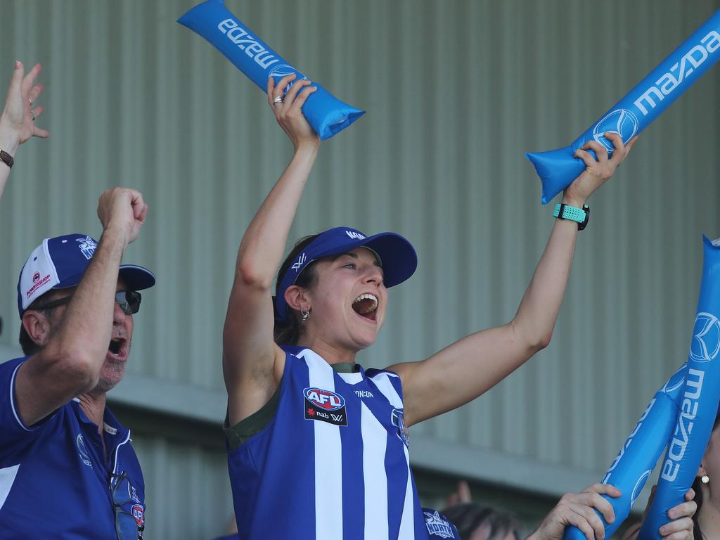 A North Melbourne fan celebrates a goal. Picture: LUKE BOWDEN