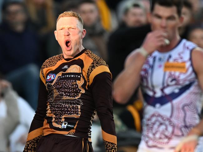 LAUNCESTON, AUSTRALIA - JULY 13: James Sicily of the Hawks celebrates a goal  during the round 18 AFL match between Hawthorn Hawks and Fremantle Dockers at University of Tasmania Stadium, on July 13, 2024, in Launceston, Australia. (Photo by Steve Bell/Getty Images)