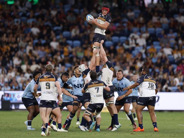 Lachlan Shaw wins a line out for the Brumbies. Picture: Getty Images