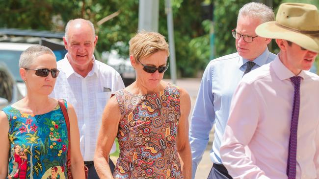 Former Children's Commissioner Colleen Gwynne , flanked by her legal team going into Darwin Magistrates Court. Picture: Glenn Campbell