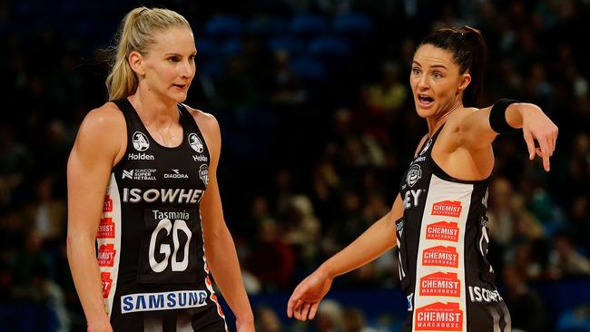 Sharni Layton, right, in action for Collingwood with April Brandley