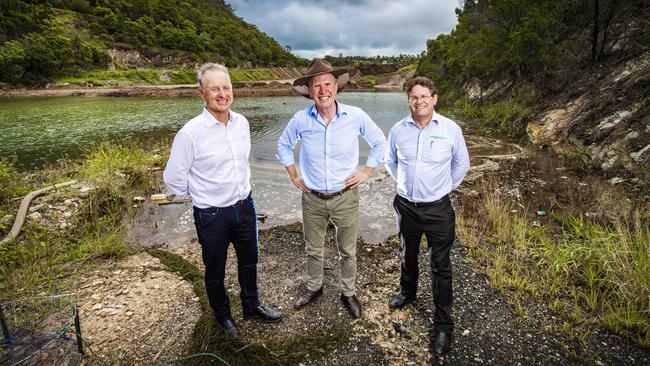 BMI Group owner Balfour Irvine, NTR Director Jon Grayson and Herrenknecht Australia Managing Director Charles Howarth at the Pine Mountain Rd cleanfill site. Picture: Nigel Hallett