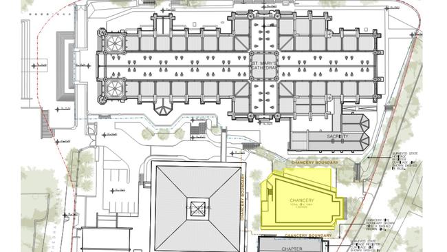 The site of the new building, shown in yellow, adjoins the cathedral.