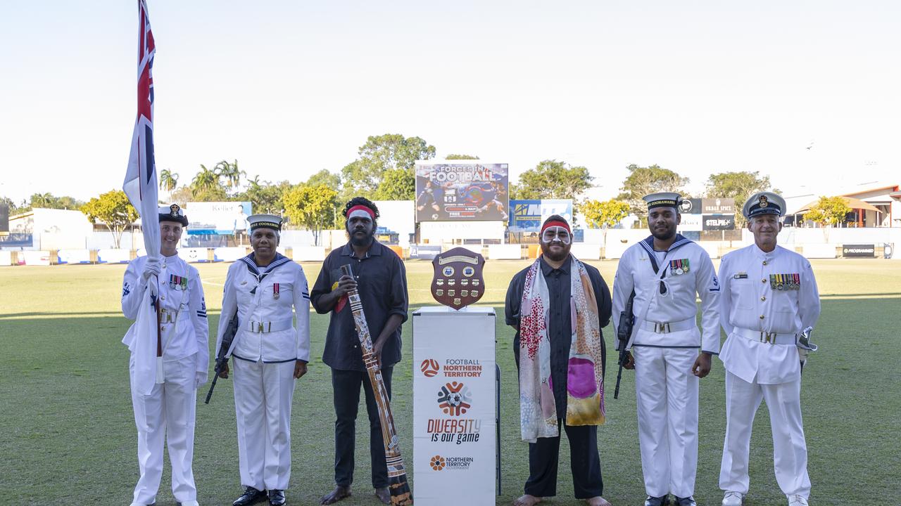 (L-R) Petty Officer Bosun Jessie-Lee Brown, Leading Seaman Boatswain's Mate Vanessa Lee-Cheu with Mr Rowan Guyula and Mr Liam Stansfield from The Youth Mill; Leading Seaman Boatswain's Mate Tyrone Zaro and Chief Petty Officer Bosun Stuart Prette. Picture: Supplied.