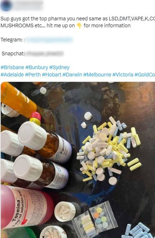 Vapes and various illicit drugs are being sold through social media platforms. Picture: Twitter,