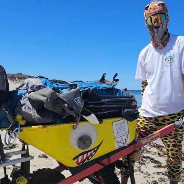 He is travelling across Australia by foot with a wheelbarrow. Picture: Instagram / @catman6701