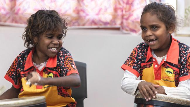 Students at Yipirinya School participating in a drumming program. Picture: Nico Liengme